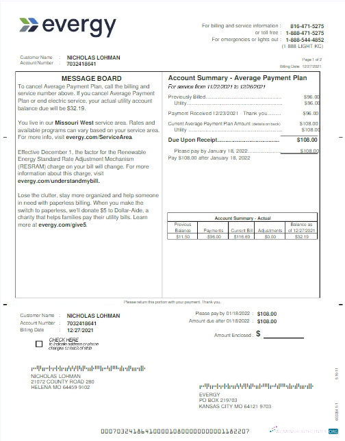 download download USA EVERGY utility bill Word and PDF template PDF template PDF template